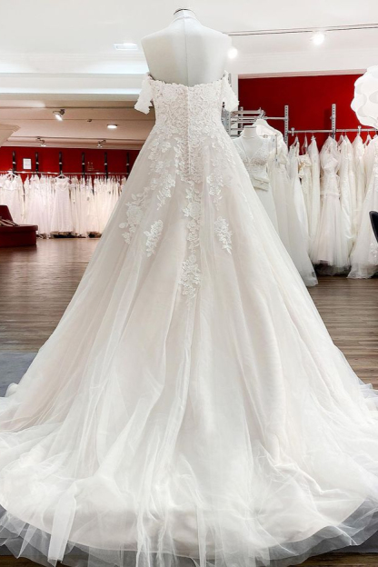 Modest Long A-line Off The Shoulder Tulle Lace Ruffles Princess Wedding Dress
