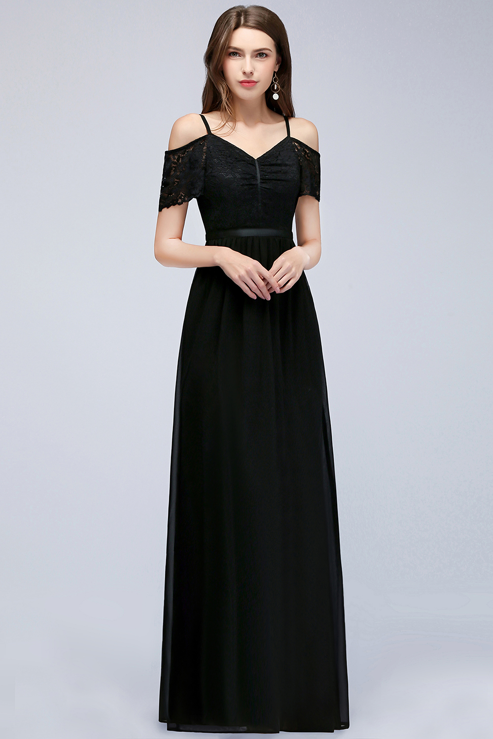 A-line Chiffon Lace V-Neck Off-the-shoulder Sleeveless Floor-Length Bridesmaid Dresses