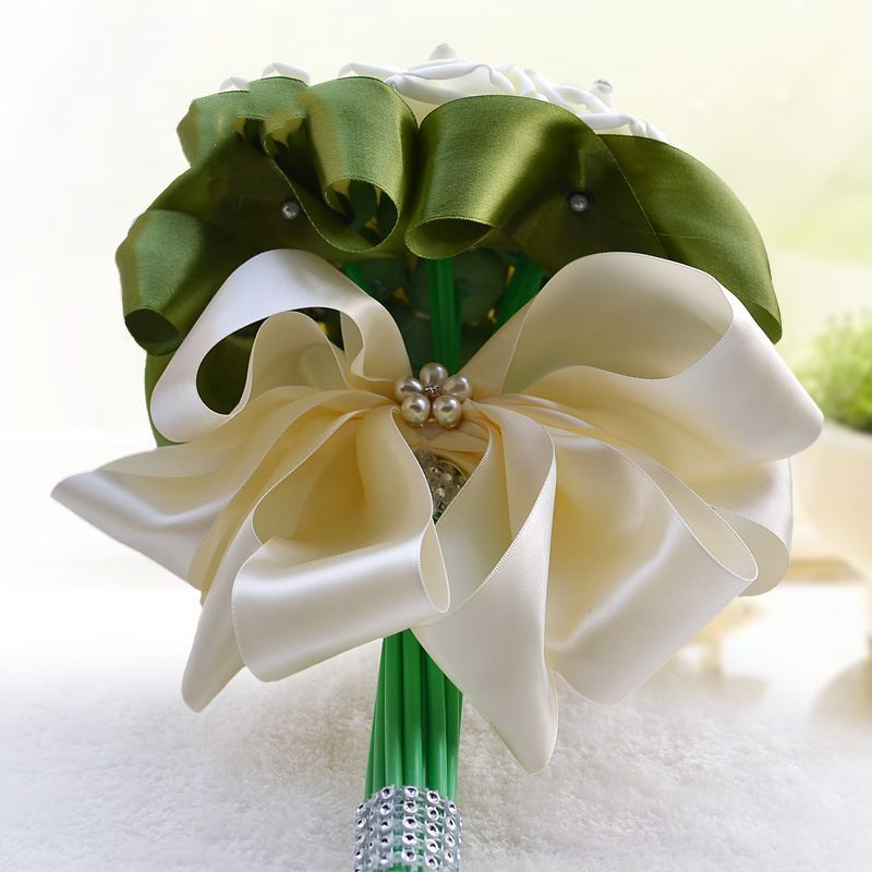 Ivory Silk Beading Rose Bouquet with Colorful Ribbons