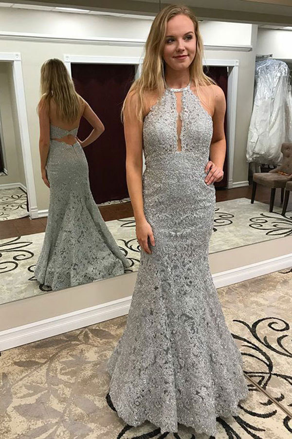 Classy White Transparent Lace Halter Mermaid Prom Dresses