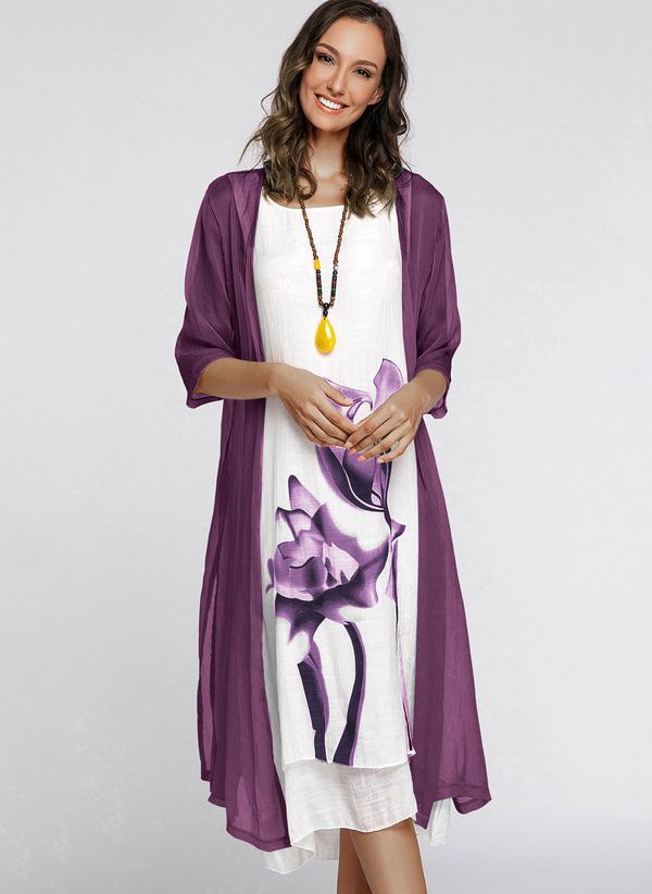 Floral Wrap Round Neckline Midi X-line Dress