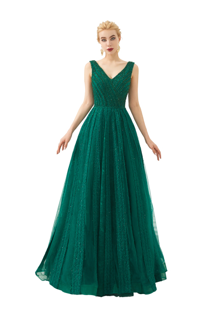 Long V-neck Tulle A-line Sequin Burgundy Formal Dresses