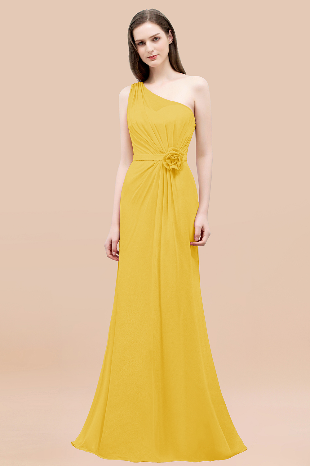 Mermaid Chiffon One-shoulder Sleeveless Ruffled Floor-Length Bridesmaid Dresses with Flower
