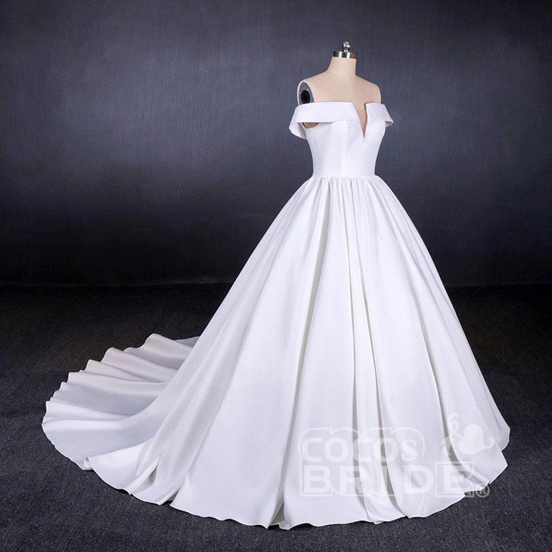 Elegant Off the Shoulder Satin Ball Gown Long Train Wedding Dress