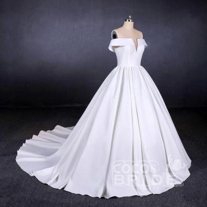Elegant Off the Shoulder Satin Ball Gown Long Train Wedding Dress