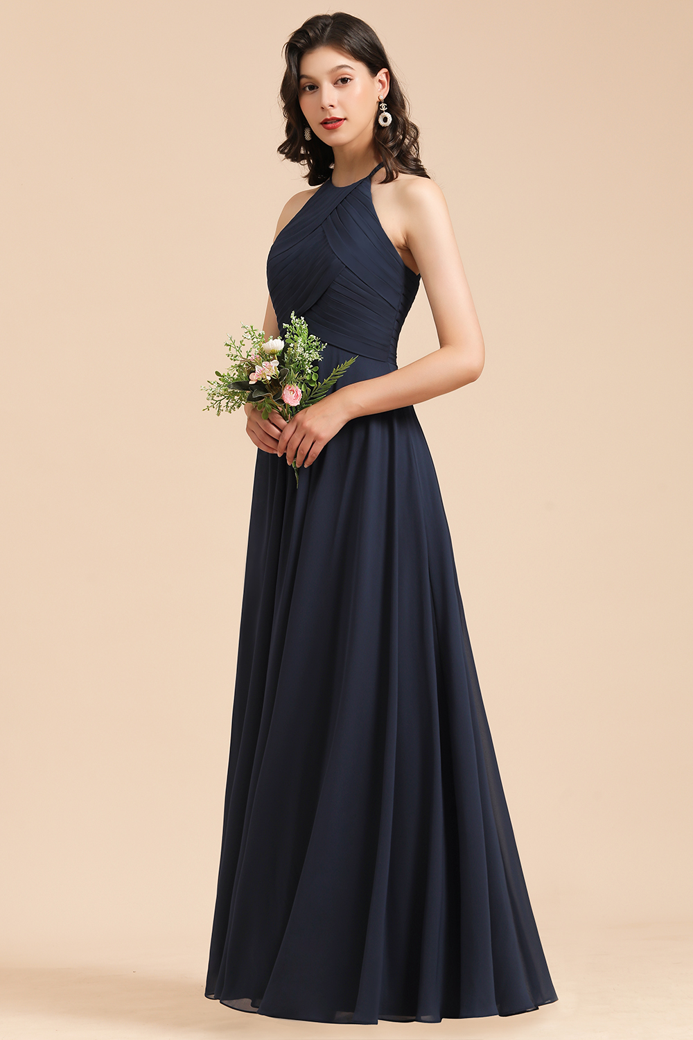 Long A-line Halter Chiffon Bridesmaid Dress Dark Navy Evening Maxi Dress