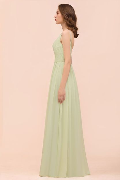 Popular Long A-line V-neck Chiffon Sage Open Back Bridesmaid Dress