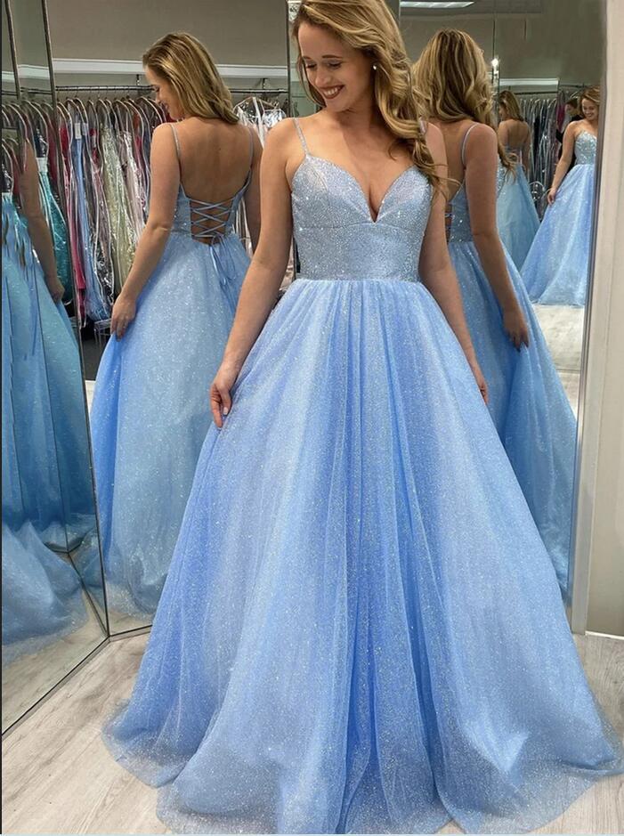 Brilliant A-line Deep V-neck Spaghetti Straps Backless Floor-length Sequins Prom Dress