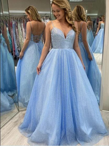 Brilliant A-line Deep V-neck Spaghetti Straps Backless Floor-length Sequins Prom Dress