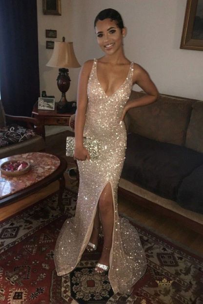 Sleek Glitter Long Sheath V-neck Sequined Prom Dress with Slit