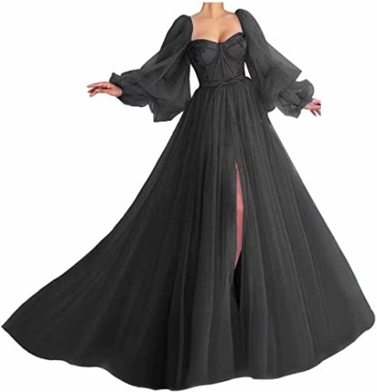 Awesome Long Sleeves A-line Sweetheart Tulle Prom Dress with Slit