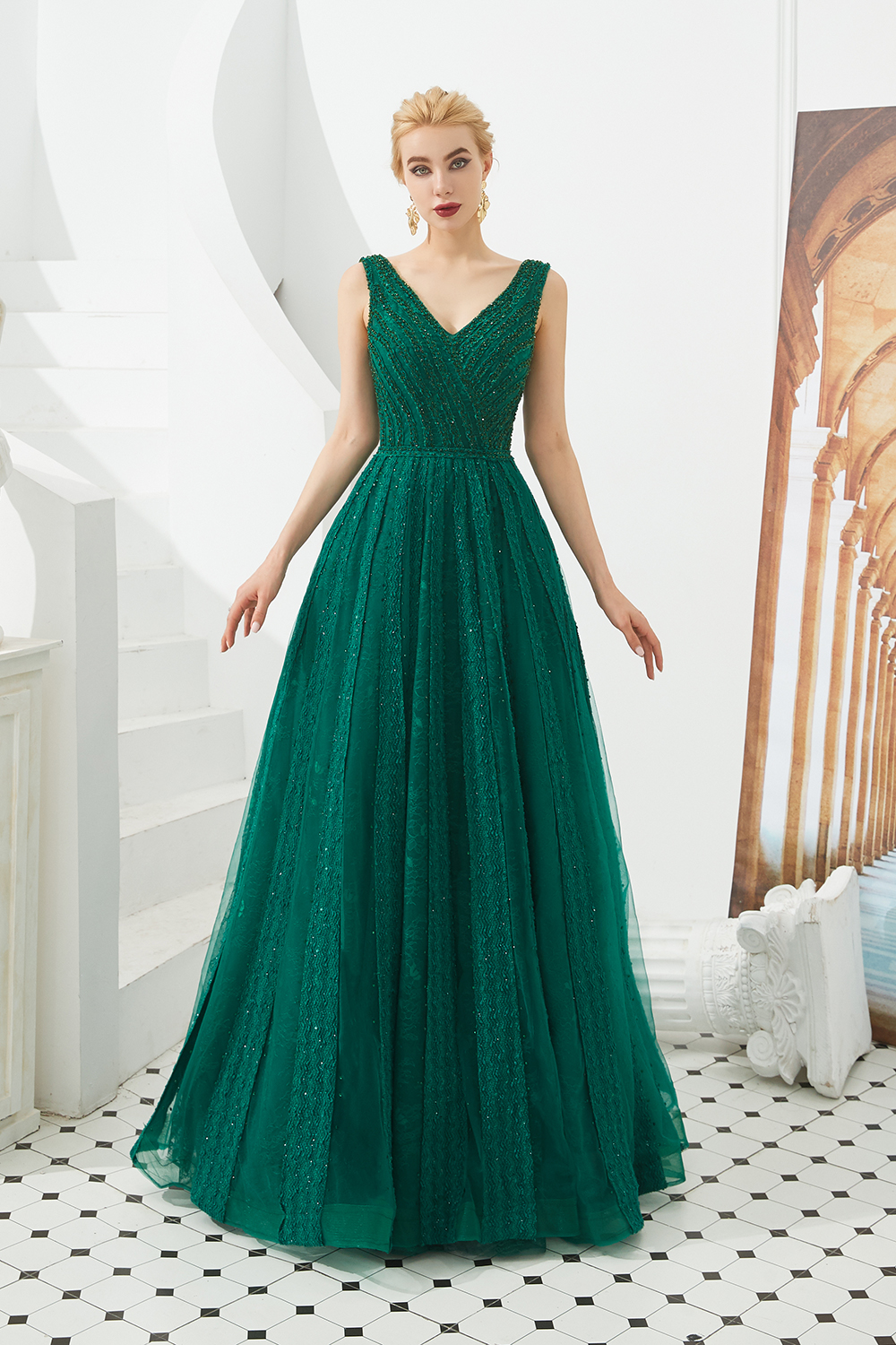 Long V-neck Tulle A-line Sequin Burgundy Formal Dresses