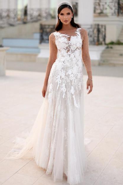 Long Sleeve Tulle Appliques Lace Floor Length Wedding Dress with Beads