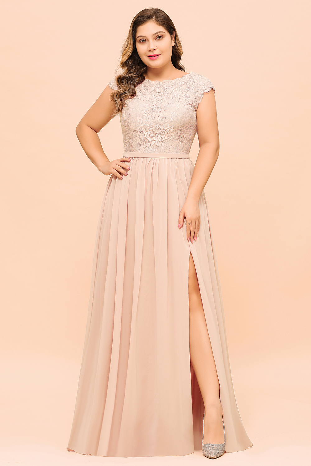 Elegant Plus Size Long A-line Jewel Chiffon Bridesmaid Dresses with Slit