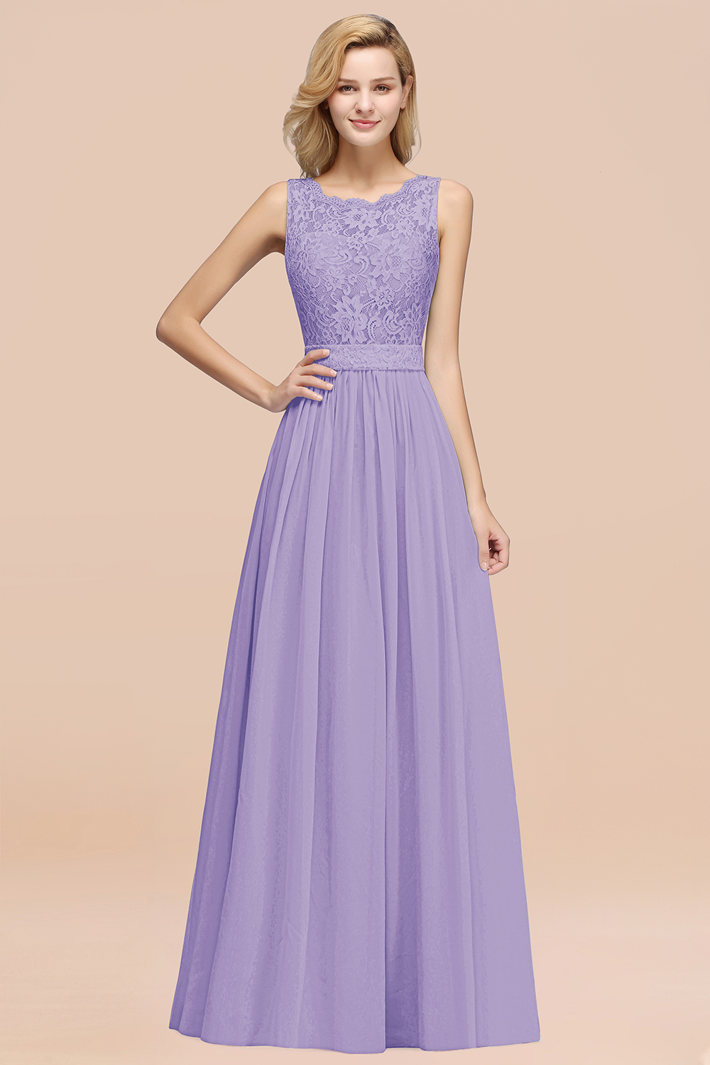 Chiffon A-Line Lace Scalloped Sleeveless Long Ruffles Bridesmaid Dress