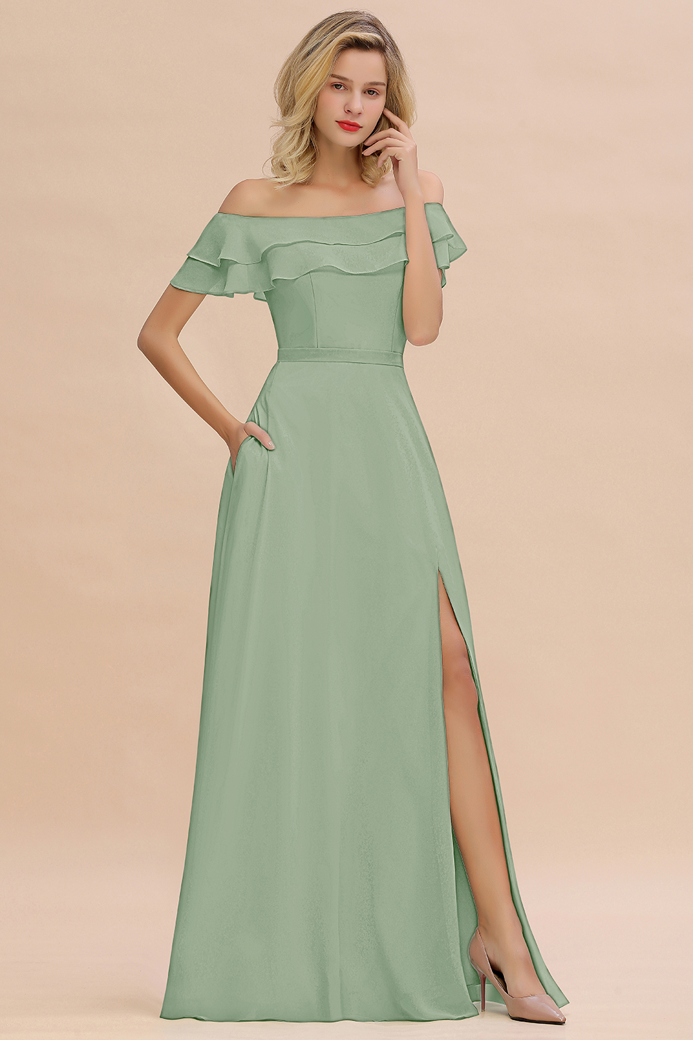 Off-the-Shoulder Front Slit Mint Green Long Bridesmaid Dress