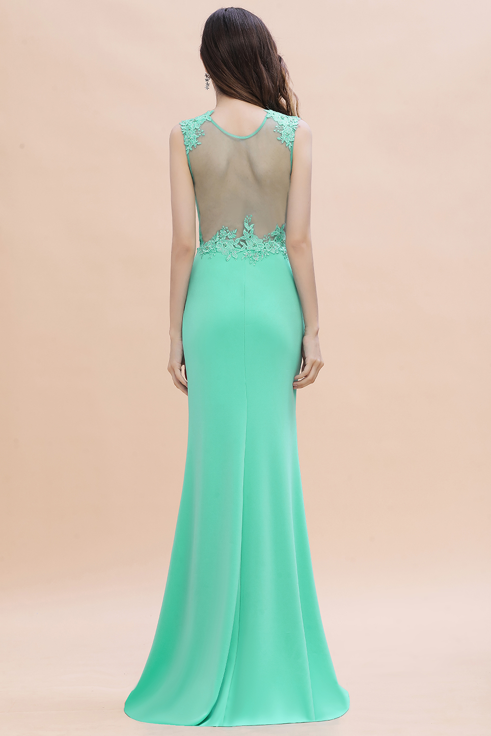 Charming Satin Crew Neck Lace Appliques Mermaid Sleeveless Long Bridesmaid Dress