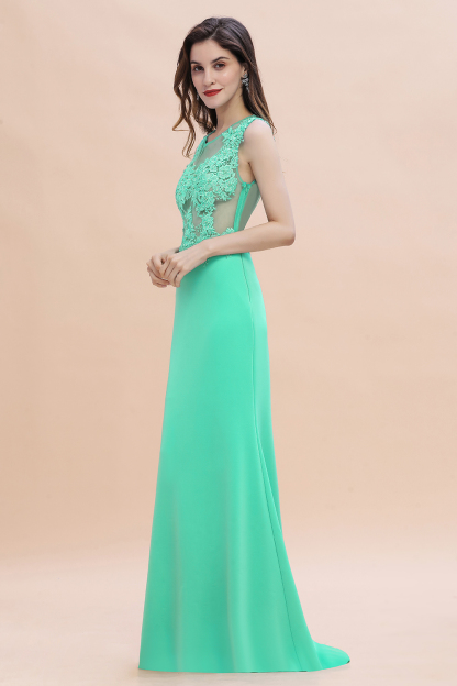 Charming Satin Crew Neck Lace Appliques Mermaid Sleeveless Long Bridesmaid Dress