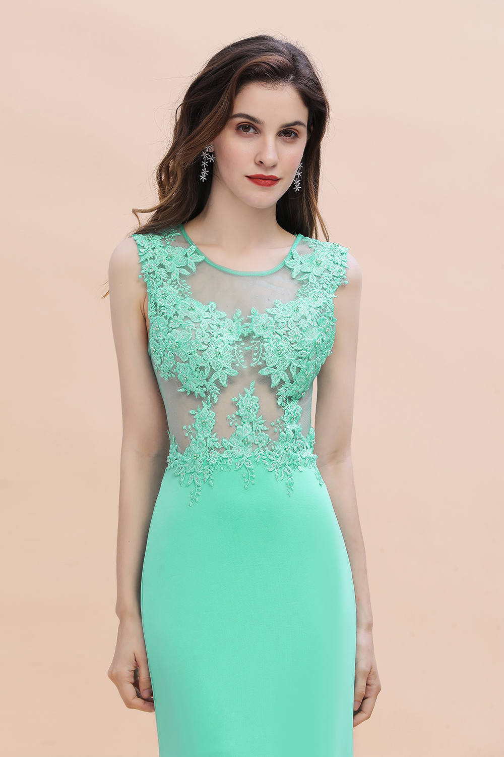 Charming Satin Crew Neck Lace Appliques Mermaid Sleeveless Long Bridesmaid Dress