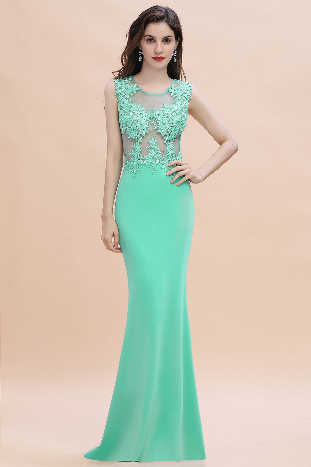 Charming Satin Crew Neck Lace Appliques Mermaid Sleeveless Long Bridesmaid Dress