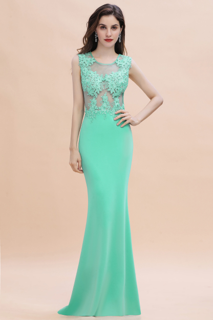 Charming Satin Crew Neck Lace Appliques Mermaid Sleeveless Long Bridesmaid Dress