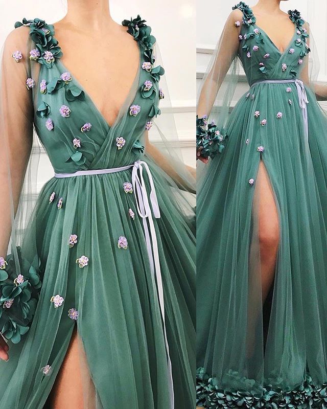 Best V-neck Flower(s) A-line Prom Dress