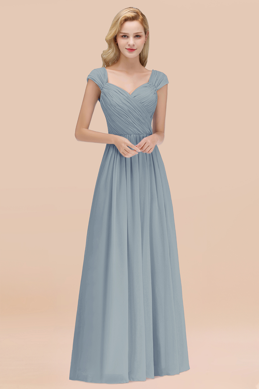 A-Line Chiffon Straps Sweetheart Sleeveless Floor-Length Bridesmaid Dress with Ruffles