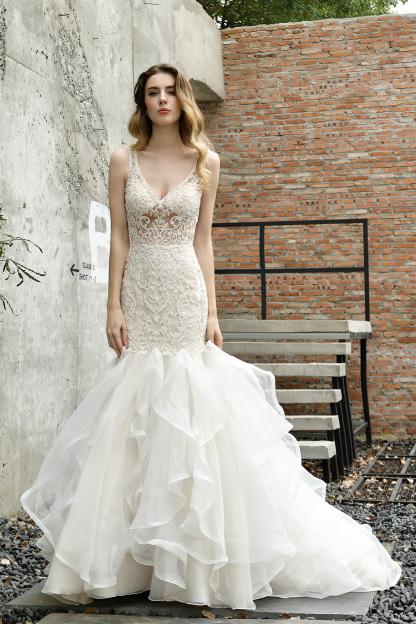 Ivory Long Mermaid V-neck Lace Tulle Ruffles Wedding Dress