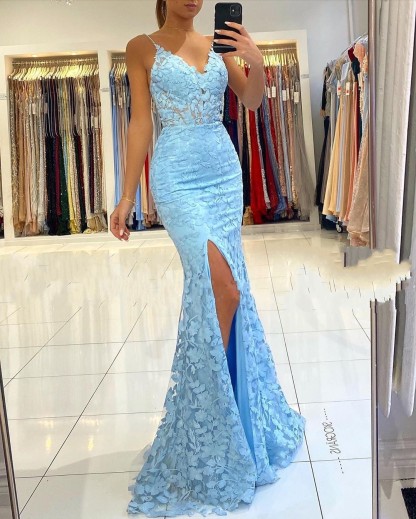 Elegant Long Mermaid V-neck Open Back Lace Prom Dress with slit