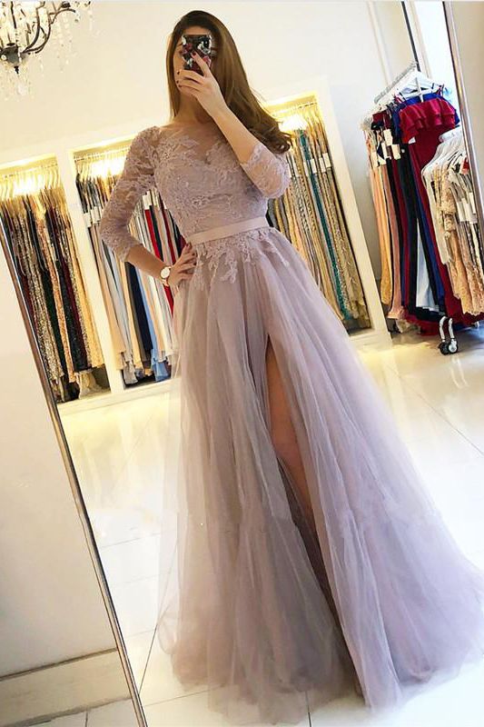Chic Long Sleeve Lace A-Line Tulle Floor-length Prom Dress With Side Slit