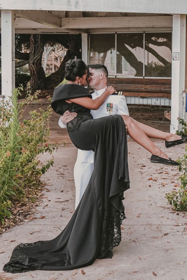 Black Long Mermaid Satin Front Slit Backless Wedding Dresses with Short Sleeves