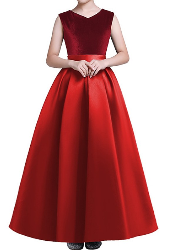 Dark Green Long A-line V-neck Satin Firl Party Dresses