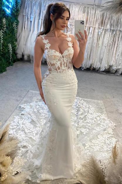 Plus Size Spaghetti Straps Open Back Mermaid Sweetheart Long Lace Wedding Dress