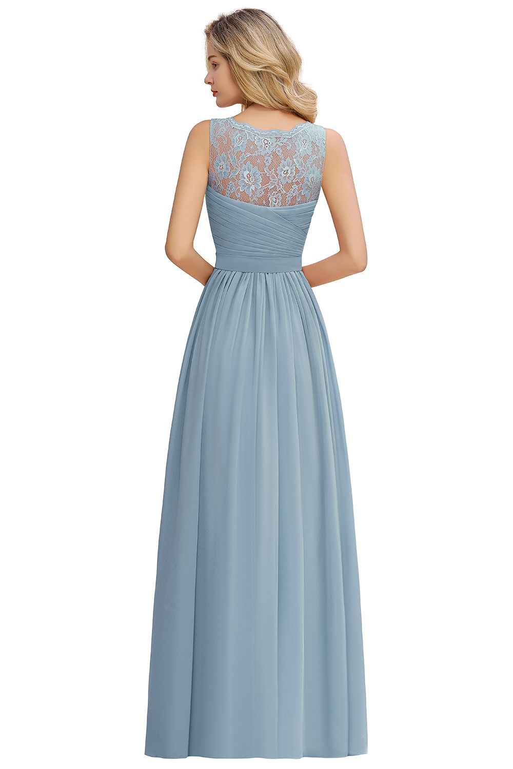 Long A Line Chiffon Sleeveless Lace Bridesmaid Dress with Ruffle