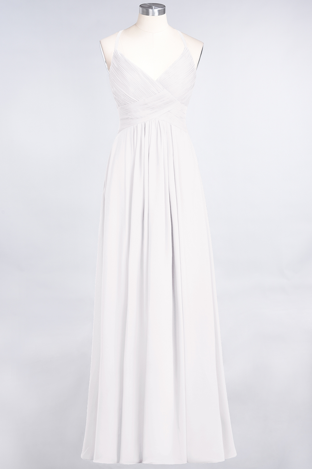 A-Line Chiffon Spaghetti-Straps V-Neck Sleeveless Floor-Length Bridesmaid Dress with Ruffles