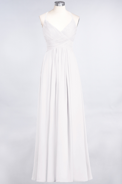 A-Line Chiffon Spaghetti-Straps V-Neck Sleeveless Floor-Length Bridesmaid Dress with Ruffles