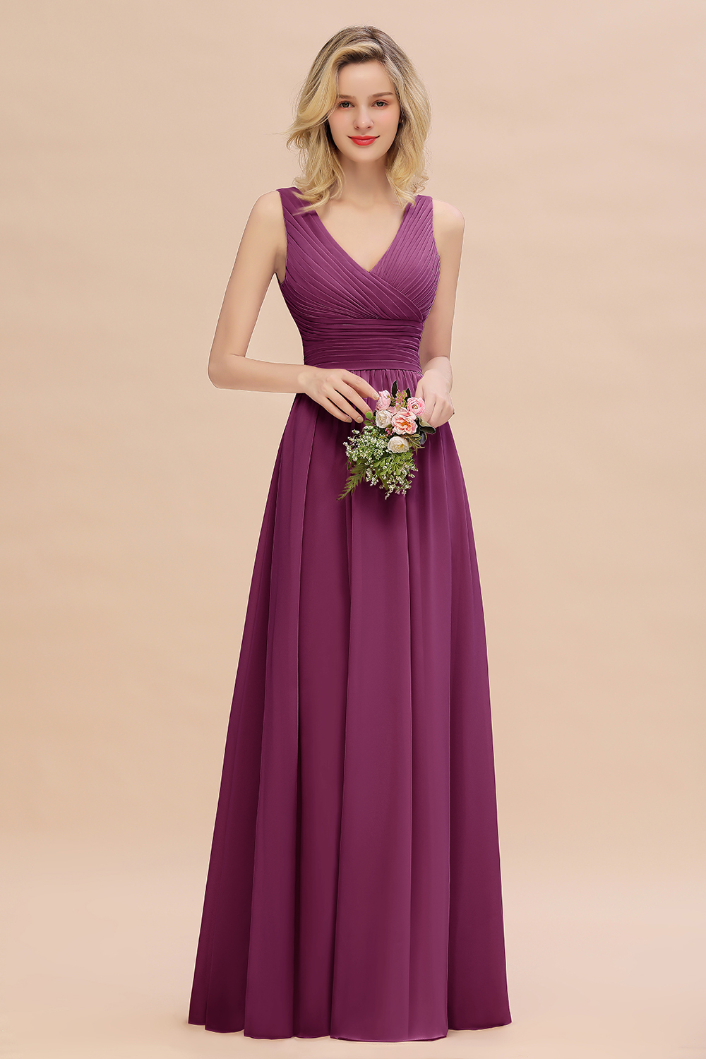 Elegant A-line V-Neck Ruffles Long Bridesmaid Dress
