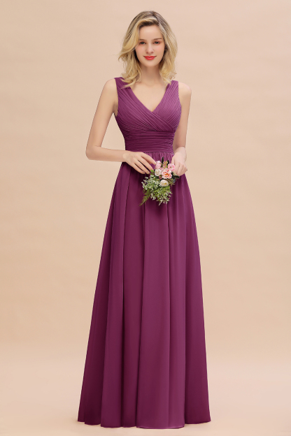 Elegant A-line V-Neck Ruffles Long Bridesmaid Dress