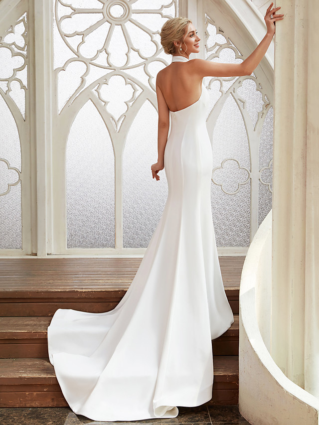 Elegant Long Mermaid High Neck Chiffon White Backless Wedding Dresses