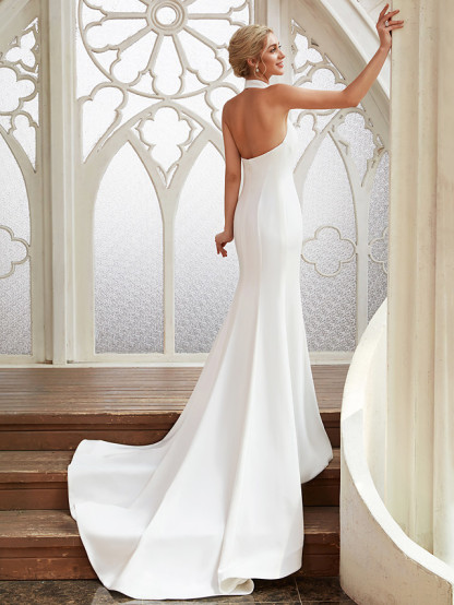 Elegant  Long Mermaid High Neck Chiffon White Backless Wedding Dresses