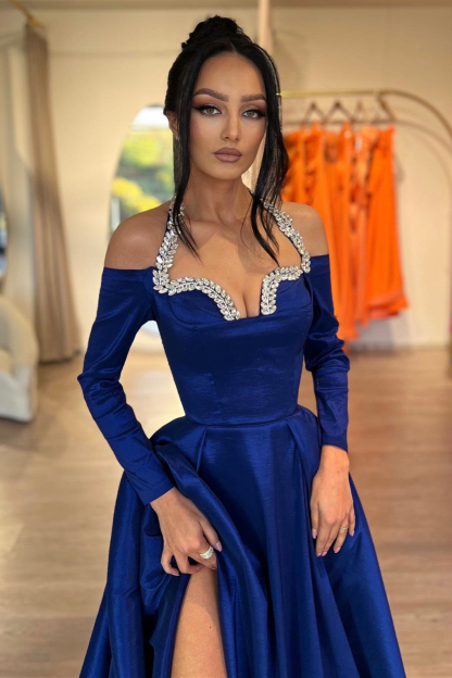 Halter Off The Shoulder Long Sleeves A-Line Prom Dress with Slit
