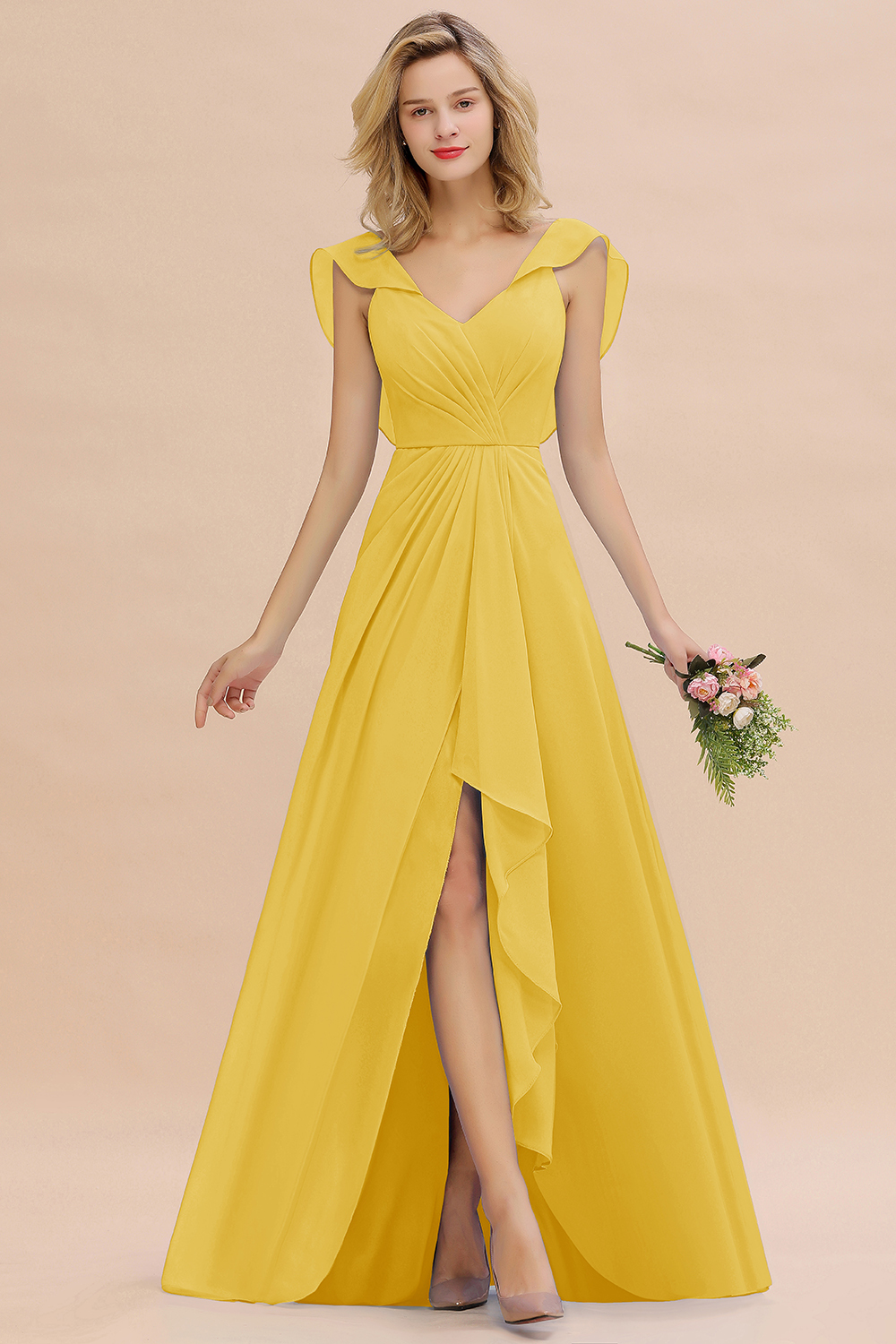 BM0777 Simple Hi-Lo V-Neck Ruffles Long Bridesmaid Dress