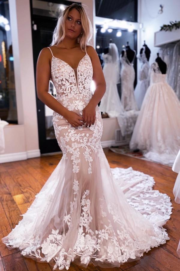 Long V-Neck Tulle Appliques Lace Mermaid Open Back Wedding Dresses