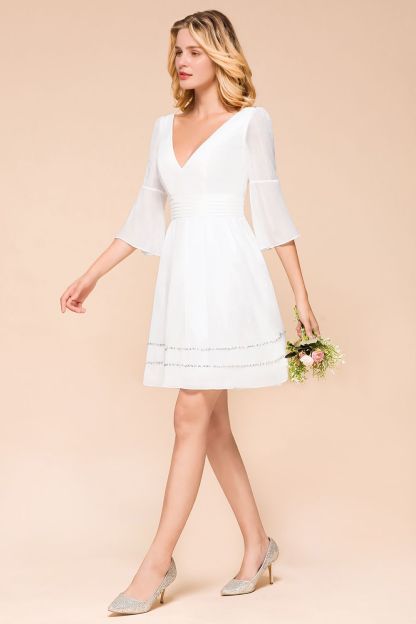 Elegant White Long Sleeve Deep V-neck A-line Knee-length Chiffon Bridesmaid Dress