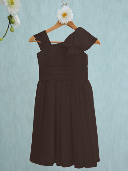 Sheath / Column Straps Knee Length Chiffon Junior Bridesmaid Dress With Ruffles / Side Draping / Natural