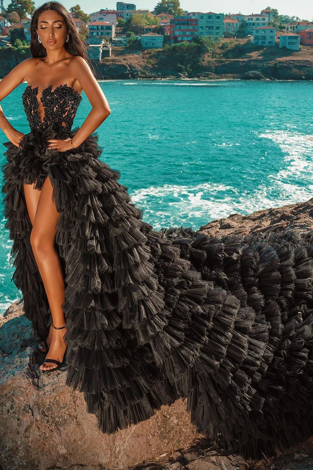 Black Beach High Low Sweetheart Tulle Formal Evening Dresses