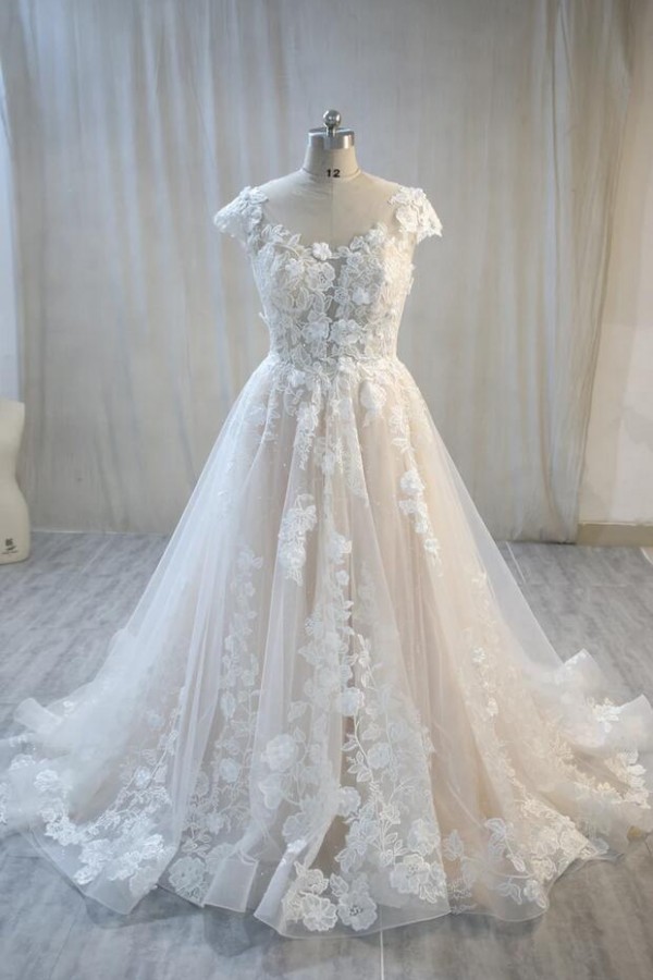 Plus Size Long A-Line Bateau Backless Wedding Dress  COCOSBRIDE