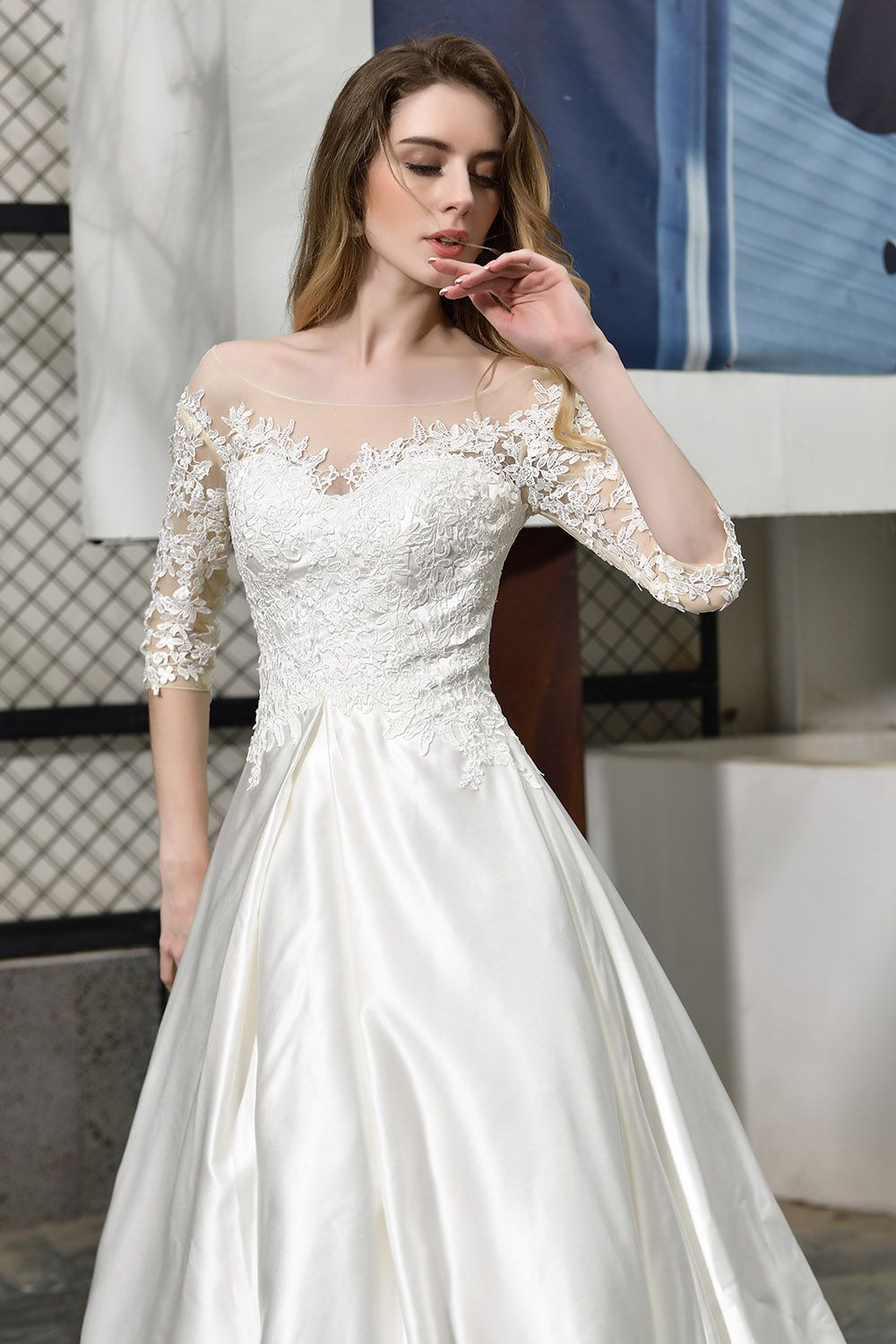 Long A-line Sweetheart Satin Lace Wedding Dresses with Half Sleeves