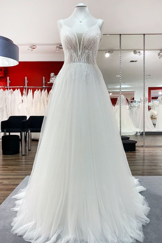 Simple Long V-neck Sequins Ruffles A-line Tulle Backless Wedding Dress   COCOSBRIDE
