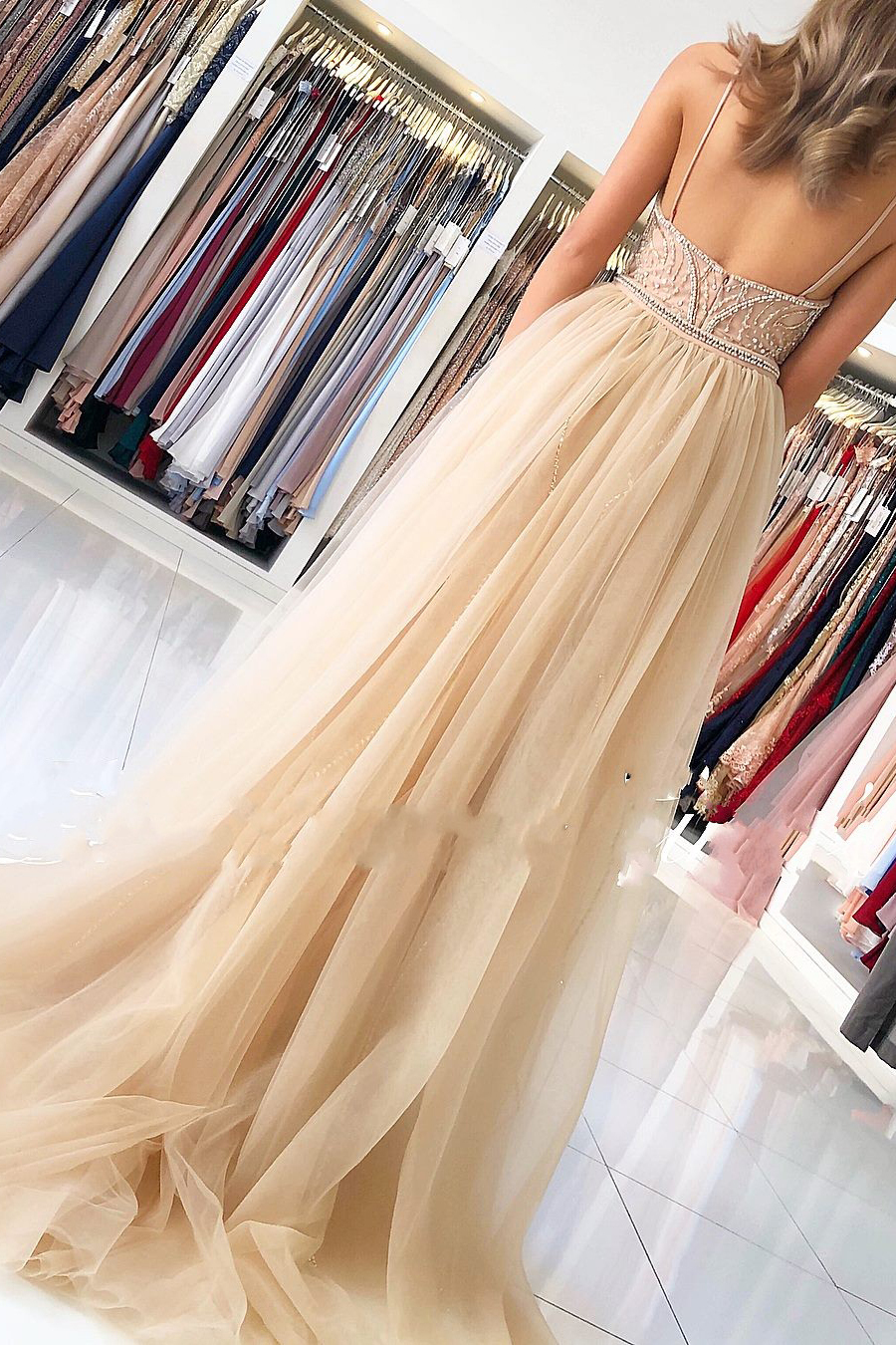 Spaghetti Straps Sweetheart Beading Mermaid Prom Dress With Tulle Train
